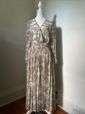 EN SAISON Floral Faux Wrap Pleated Long Sleeve Cottage Prairie Maxi Dress Medium